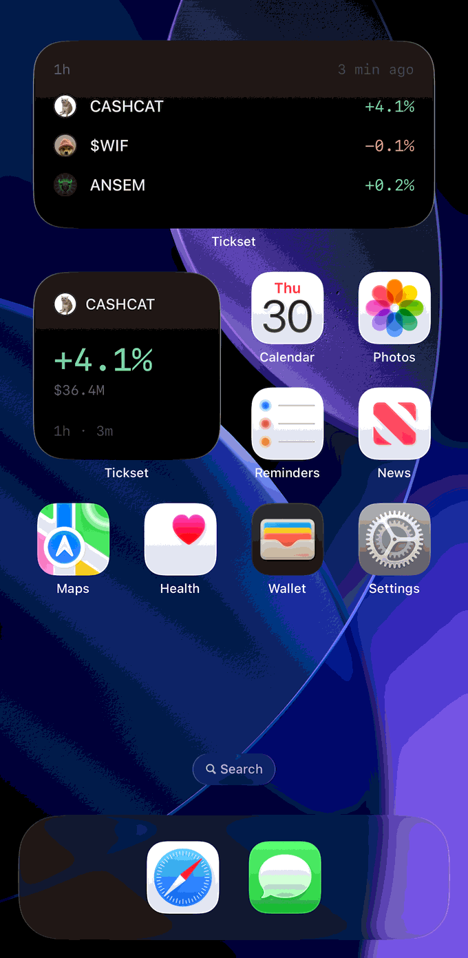 iPhone home screen with the Tickset medium and small widgets among the usual app icons